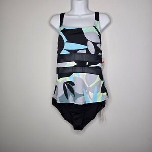 Nike Tankini Swimsuit Womens L Black Jungle Floral V-Back Mesh Insert Beach NWT